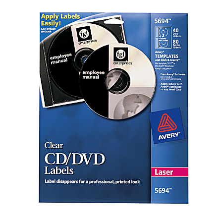 Avery® Print-To-The-Edge Glossy Laser CD/DVD Labels, 5694, Clear, Pack Of 40