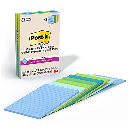 Post-it® Paper Super Sticky Notes, 360 Total Notes, Pack Of 8 Pads, 4" x 6", 100% Recycled, Oasis, 45 Sheets Per Pad