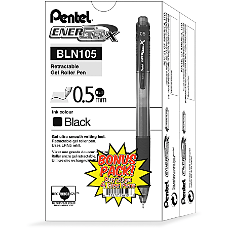 Pentel® EnerGel-X Retractable Gel Pens, Pack Of 24, Fine Point, 0.5 mm, Black Barrel, Black Ink