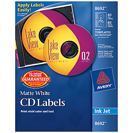 Avery® CD/DVD Print-to-the-Edge Labels, 8692, Round, 4.65" Diameter, White, 40 Disc Labels And 80 Spine Labels