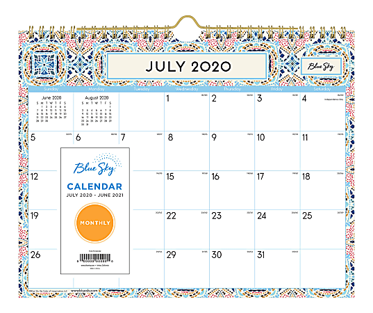 Blue Sky™ Academic Monthly Wall Calendar, 11" x 8-3/4", Morocco Mirage, July 2020 To June 2021, 119248  