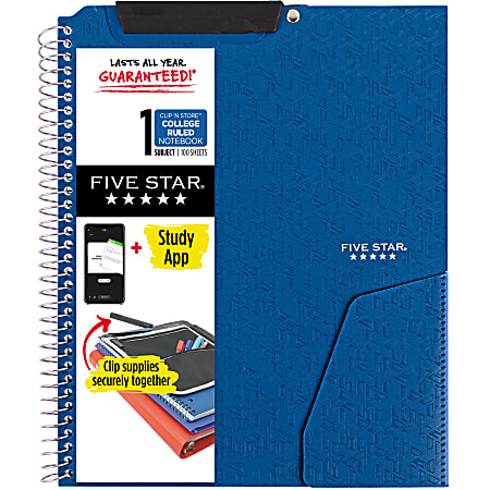 Five Star Clip 'N Store Wirebound Notebook Plus Study App, 1 Subject, College Ruled, 11" x 8 1/2", Pacific Blue