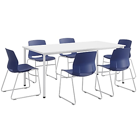 KFI Studios Dailey Table Set With 6 Sled Chairs, White Table/Navy Chairs