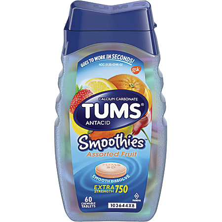 TUMS Smoothies Extra-Strength Antacid Chewable Tablets, Assorted Fruits, 60 Tablets Per Bottle