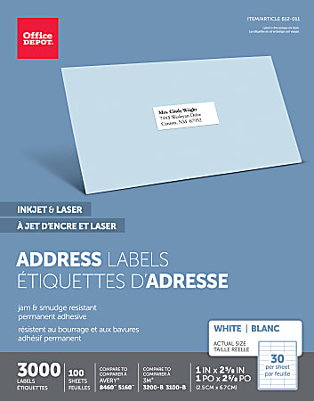 Office Depot® Brand Inkjet/Laser Address Labels, White, 1" x 2 5/8", Pack Of 3,000