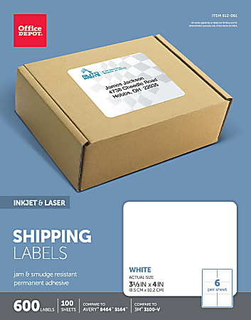 Office Depot® Brand Inkjet/Laser Shipping Labels, Rectangle, 3 1/3" x 4", White, Pack Of 600