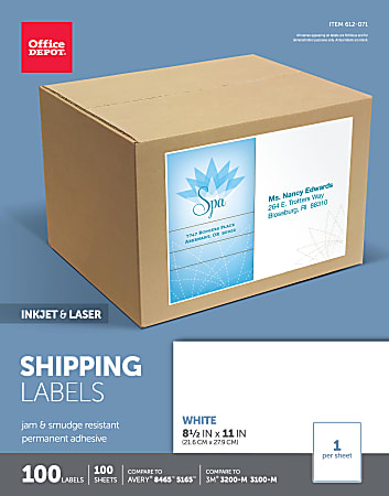 Office Depot® Brand Inkjet/Laser Shipping Labels, Rectangle, 8 1/2" x 11", Full-Sheet, White, Pack Of 100