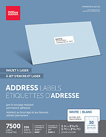 Office Depot® Brand Inkjet/Laser Address Labels, Rectangle, 1" x 2 5/8", White, Pack Of 7,500