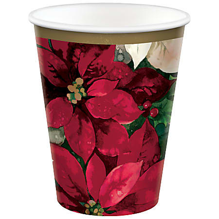 Amscan Christmas Poinsettia Paper Cups, 9 Oz. Red, Pack Of 100 Cups