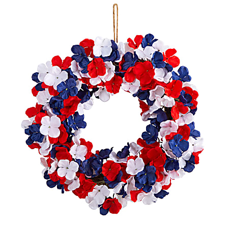 Nearly Natural Americana Patriotic Hydrangea 18”H Artificial Wreath, 18”H x 18”W x 4”D, Red/White/Blue
