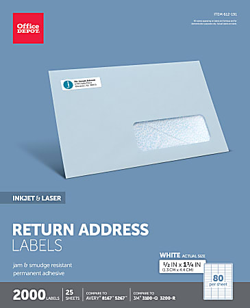 Office Depot® Brand Inkjet/Laser Return Address Labels, Rectangle 1/2" x 1 3/4", White, Pack Of 2,000
