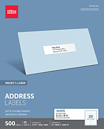 Office Depot® Brand Inkjet/Laser Address Labels, White, 1" x 4", Pack Of 500