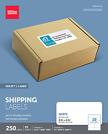 Office Depot® Brand Inkjet/Laser Shipping Labels, Rectangle, 2" x 4", White, Pack Of 250