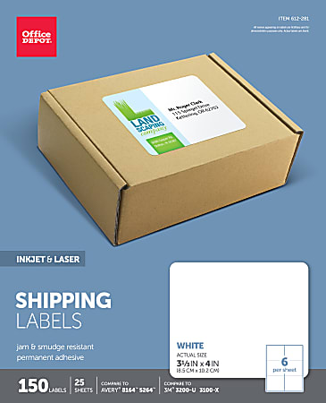 Office Depot® Brand Inkjet/Laser Shipping Labels, Rectangle, 3 1/3" x 4", White, Pack Of 150