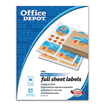 Office Depot® Brand White Inkjet Permanent Full-Sheet Labels, 8 1/2" x 11", Pack Of 25