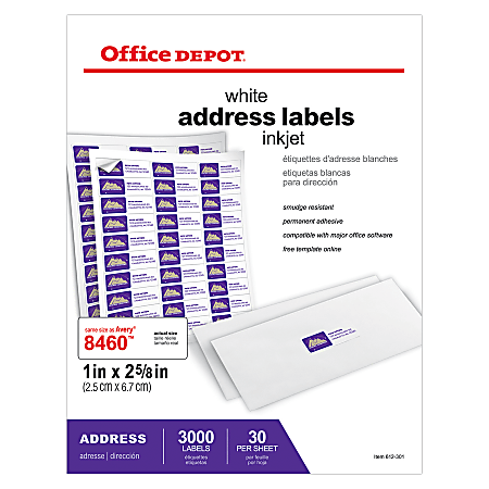 Office Depot® Brand Address Labels For Inkjet Printers, Rectangle, OD-2180, 1" x 2 5/8", White, Box Of 3,000