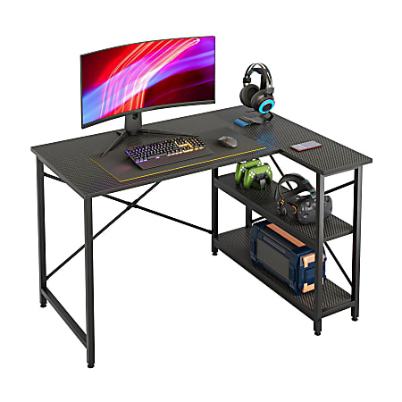 Bestier L-Shaped Corner Desk With Storage Shelf, 48"W, Black Carbon Fiber