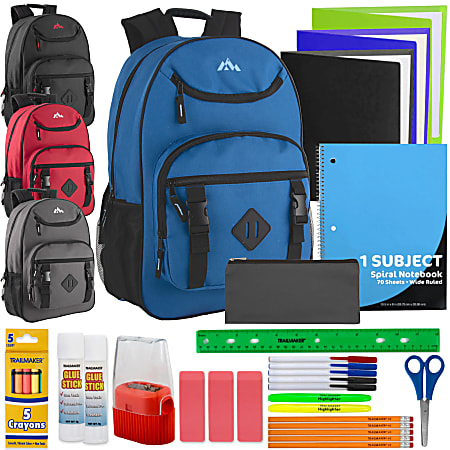 Trailmaker Double Buckle Backpacks With 30-Piece School Supply Kits, Black/Blue/Gray/Red, Total Qty 12