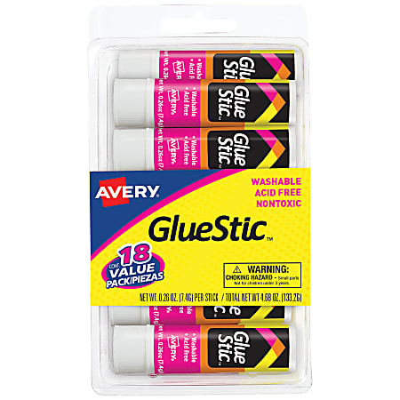 Avery® Permanent Glue Stic Value Pack, White, 0.26 oz., Pack Of 18 Sticks