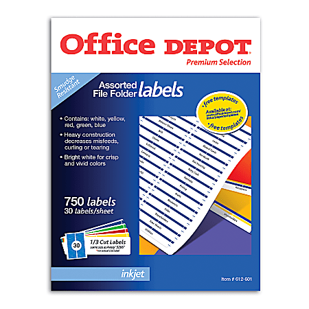 Office Depot® Brand Color Permanent File Folder Labels, 2/3" x 3 7/16", Assorted Colors, Pack Of 750