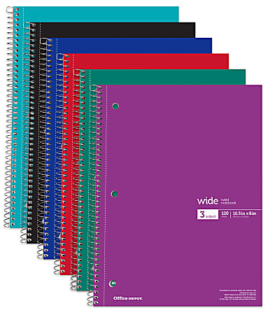 Office Depot® Wirebound Notebooks, 8" x 10-1/2", 3 Subjects, Wide Ruled, 120 Sheets, Assorted Colors, Pack Of 6 Notebooks