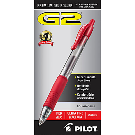Pilot G2 Premium Gel Roller Retractable Pens - Ultra Fine Pen Point - 0.38 mm Pen Point Size - Refillable - Retractable - Red Gel-based Ink - Clear Barrel - 24 / Bundle Pilot G2 Premium Gel Roller Retractable Pens - Ultra Fine Pen Point - 0.38 mm Pen Point Size - Refillable - Retractable - Red Gel-based Ink - Clear Barrel - 24 / Bundle