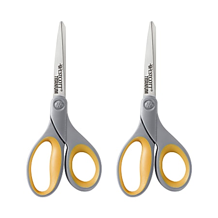 Westcott® Titanium Bonded Scissors, 8", Pointed, Gray/Yellow, Pack Of 2