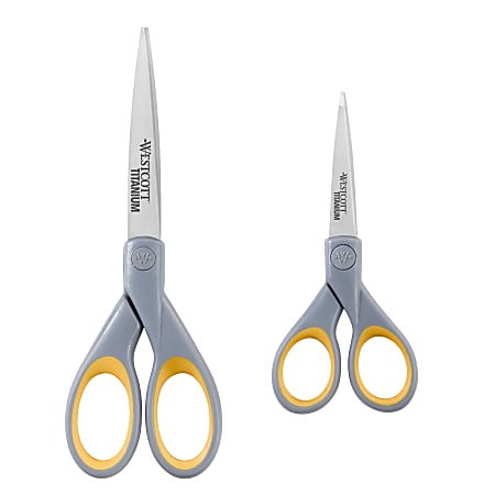 Westcott® Titanium Bonded Scissors, Pointed, Gray/Yellow, Pack Of 2