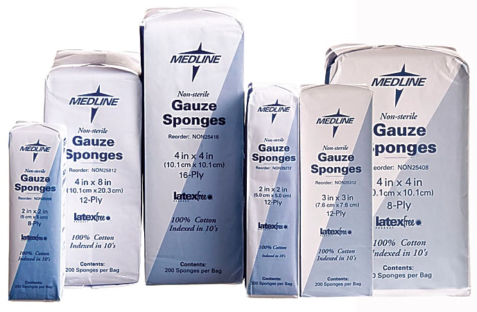 Medline Non-Sterile Cotton Gauze Sponges, 12-Ply, 2" x 2", Case Of 8,000