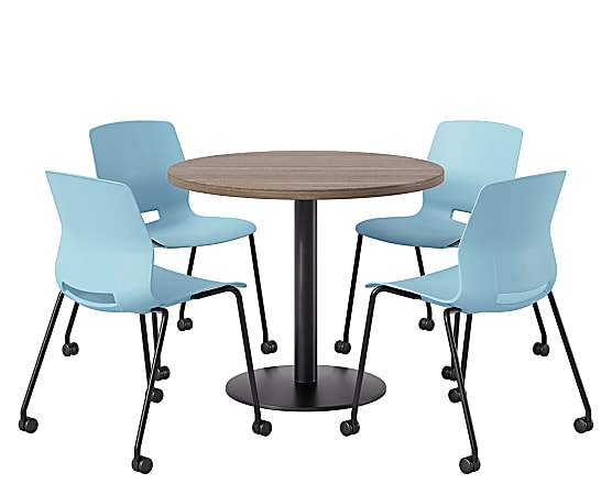 KFI Studios Proof Cafe Round Pedestal Table With Imme Caster Chairs, Includes 4 Chairs, 29”H x 36”W x 36”D, Studio Teak Top/Black Base/Sky Blue Chairs