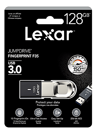 Lexar® JumpDrive® Fingerprint F35 USB 3.0 Flash Drive, 128GB, Black, LJDF35-128BNL