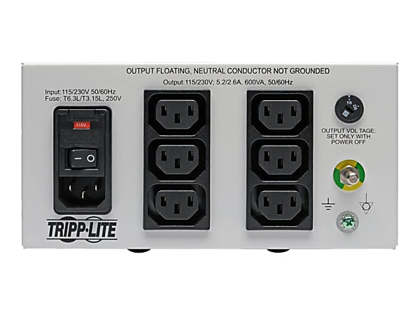Tripp Lite Isolator Series Dual-Voltage 115/230V 600W 60601-1 Medical-Grade Isolation Transformer, C14 Inlet, 6 C13 Outlets - Transformer - AC 115/230 V - 600 Watt - 600 VA - output connectors: 6 - white
