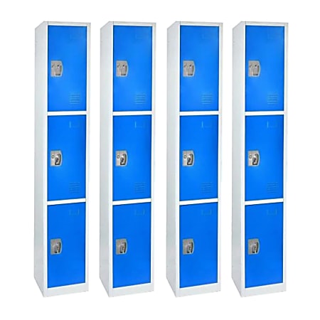 Alpine Large 3-Tier Steel Lockers, 72”H x 12”W x 12”D, Blue, Pack Of 4 Lockers