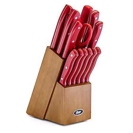 Oster Evansville Stainless-Steel 14-Piece Cutlery Set, Red