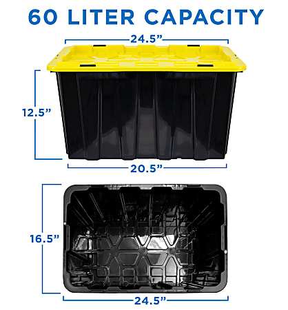 Mount It! Work It! Heavy Duty Plastic Storage Containers, 60 Liters,  Black/Yellow, Case Of 3 Bins