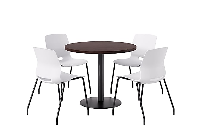 KFI Studios Midtown Pedestal Round Standard Height Table Set With Imme Armless Chairs, 31-3/4”H x 22”W x 19-3/4”D, Studio Teak Top/Black Base/Light Gray Chairs