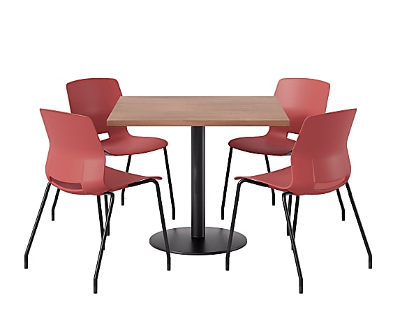 KFI Studios Proof Cafe Pedestal Table With Imme Chairs, Square, 29”H x 36”W x 36”W, River Cherry Top/Black Base/Coral Chairs