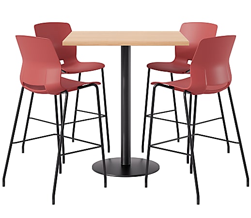 KFI Studios Proof Bistro Square Pedestal Table With Imme Bar Stools, Includes 4 Stools, 43-1/2”H x 42”W x 42”D, Maple Top/Black Base/Coral Chairs