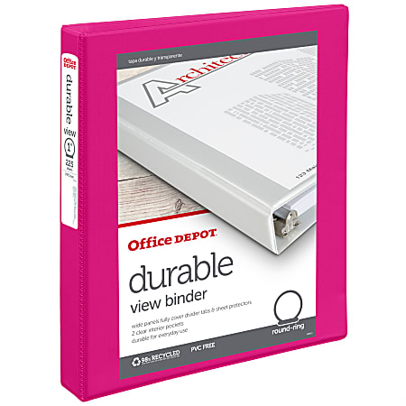 Office Depot® Brand Durable View 3-Ring Binder, 1" Round Rings, Hot Pink
