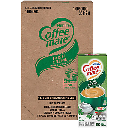 Coffee mate Irish Creme Liquid Creamer Singles - Gluten-Free - Irish Cream Flavor - 0.38 fl oz (11 mL) - 4/Carton - 50 Per Box - 200 Serving