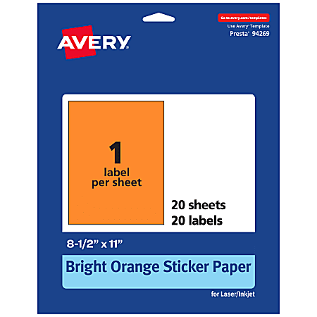 Avery® Printable Sticker Paper, 94269-BOP20, Rectangle, 8-1/2" x 11", Matte Bright Orange, Pack of 20