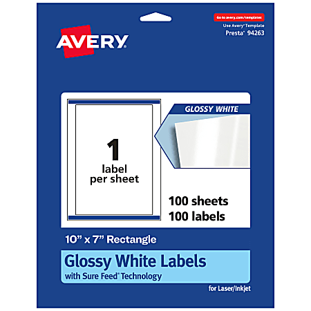 Avery® Glossy Permanent Labels With Sure Feed®, 94263-WGP100, Rectangle, 10" x 7", White, Pack Of 100