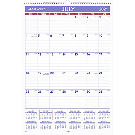 AT-A-GLANCE® Academic Monthly Wall Calendar, 15-1/2" x 22-3/4", July 2021 To June 2022, AY328