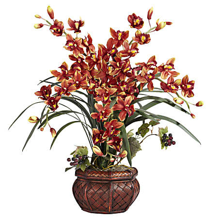 Nearly Natural 30"H Silk Cymbidium Arrangement With Decorative Pot, Burgundy