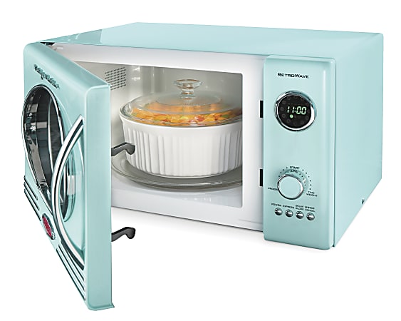 Nostalgia NRMO9AQ Retro Microwave Oven 0.9 Cu. Ft. Aqua Office Depot