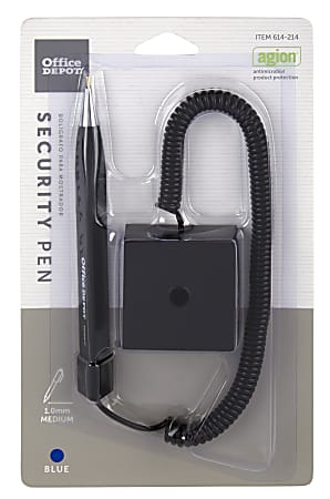 Office Depot® Brand Coil Security Pen With Antimicrobial Protection, l, Square Base, Medium Point, 1.0 mm, Black Barrel, Blue Ink