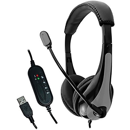 AVID AE-39 USB HEADSET WITH MIC & INLINE CONTROLS, GRAY - Stereo - USB - Wired - 32 Ohm - 20 Hz - 20 kHz - Over-the-head - Binaural - Circumaural - 6 ft Cable - Omni-directional Microphone - Gray
