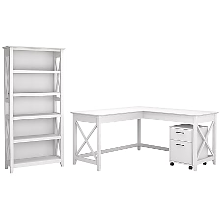 Bush Business Furniture Key West 60"W L-Shaped Corner Desk With Mobile File Cabinet And 5-Shelf Bookcase, Pure White Oak, Standard Delivery