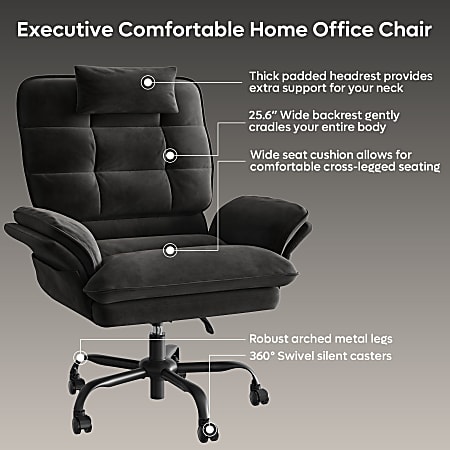 Bestier Ergonomic Velvet High-Back Swivel Executive Office Chair With Adjustable Padded Arms And Padded Headrest, Black