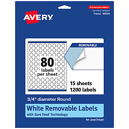 Avery® Removable Labels With Sure Feed®, 94504-RMP15, Round, 3/4" Diameter, White, Pack Of 1,200 Labels